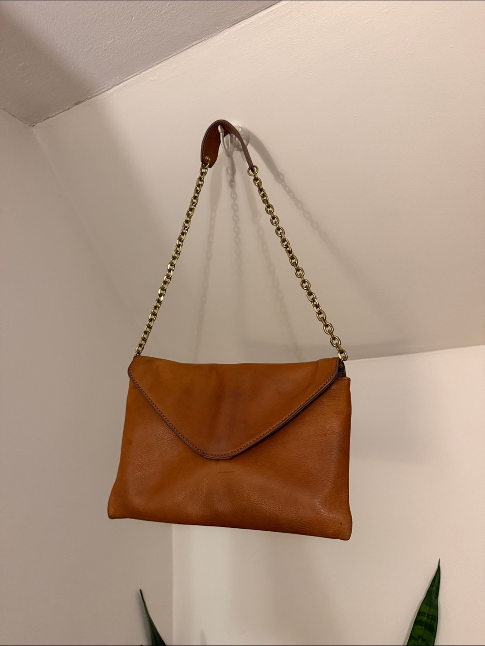 J. Crew Tan Leather Envelope Shoulder Bag with Gold Chain